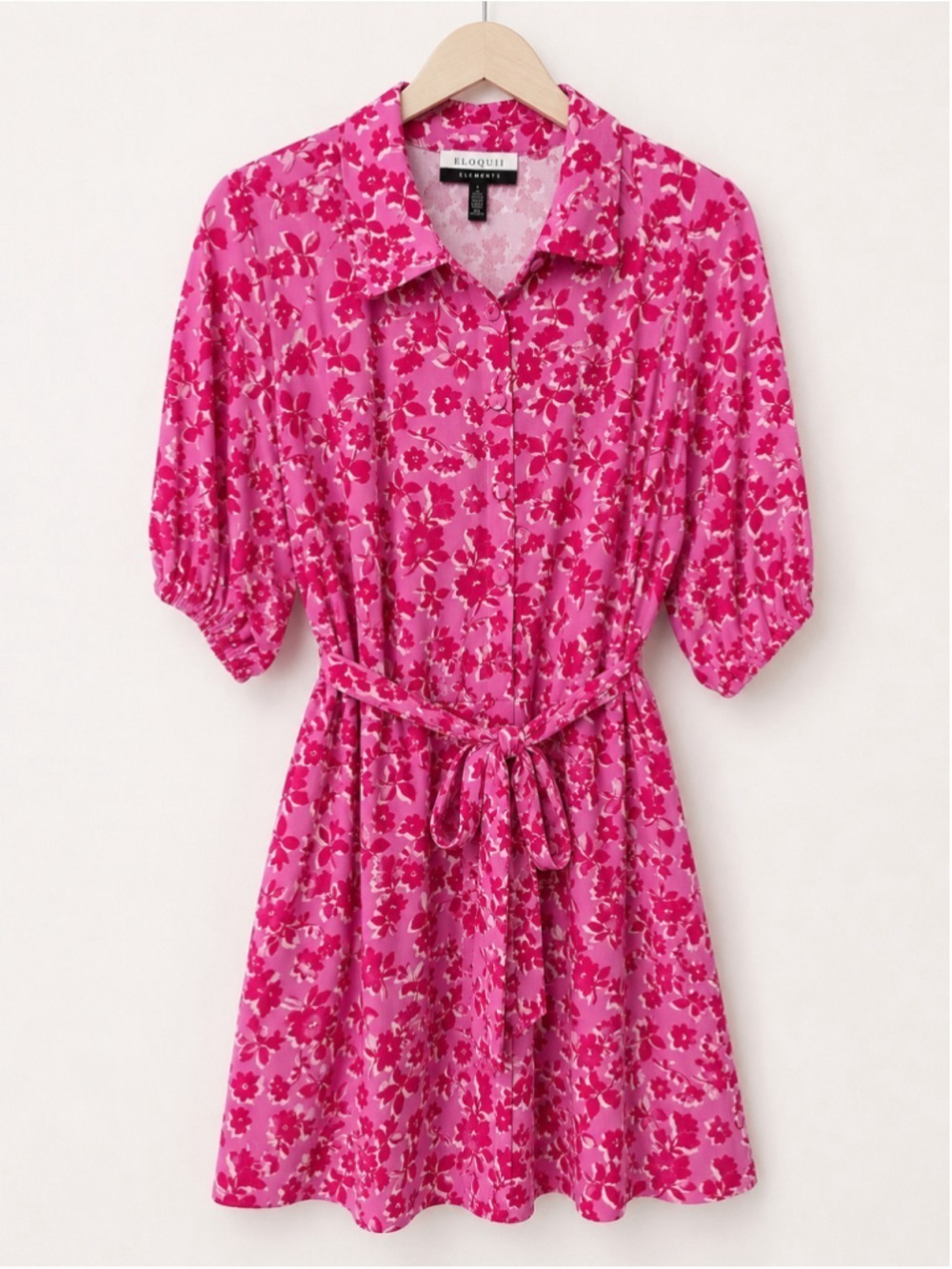 ELOQUII Elements Pink Floral Romper Size 18 Belted Collared Puff Sleeve Plus - Picture 2 of 5